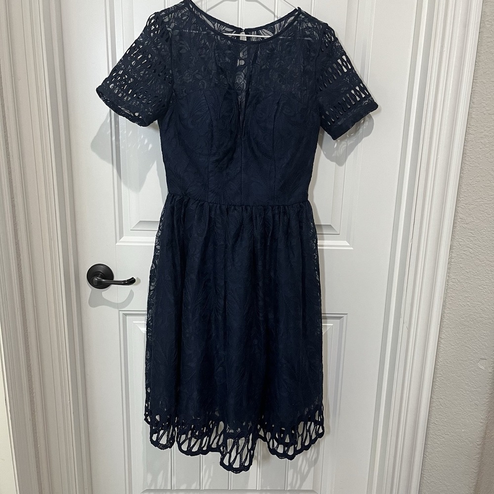 Chi Chi London Skater Midi Dress US‎ Size 8 Navy Blue Lace Special Occasion